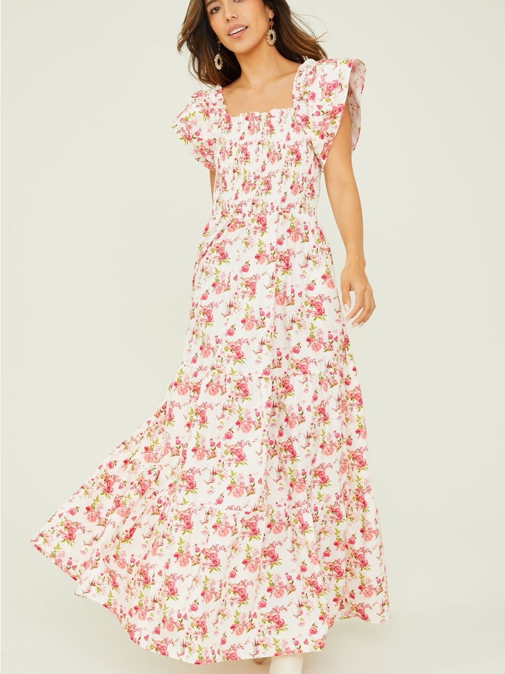 Altar'd State Pink Floral Puff-Sleeve Maxi Dress on Cream